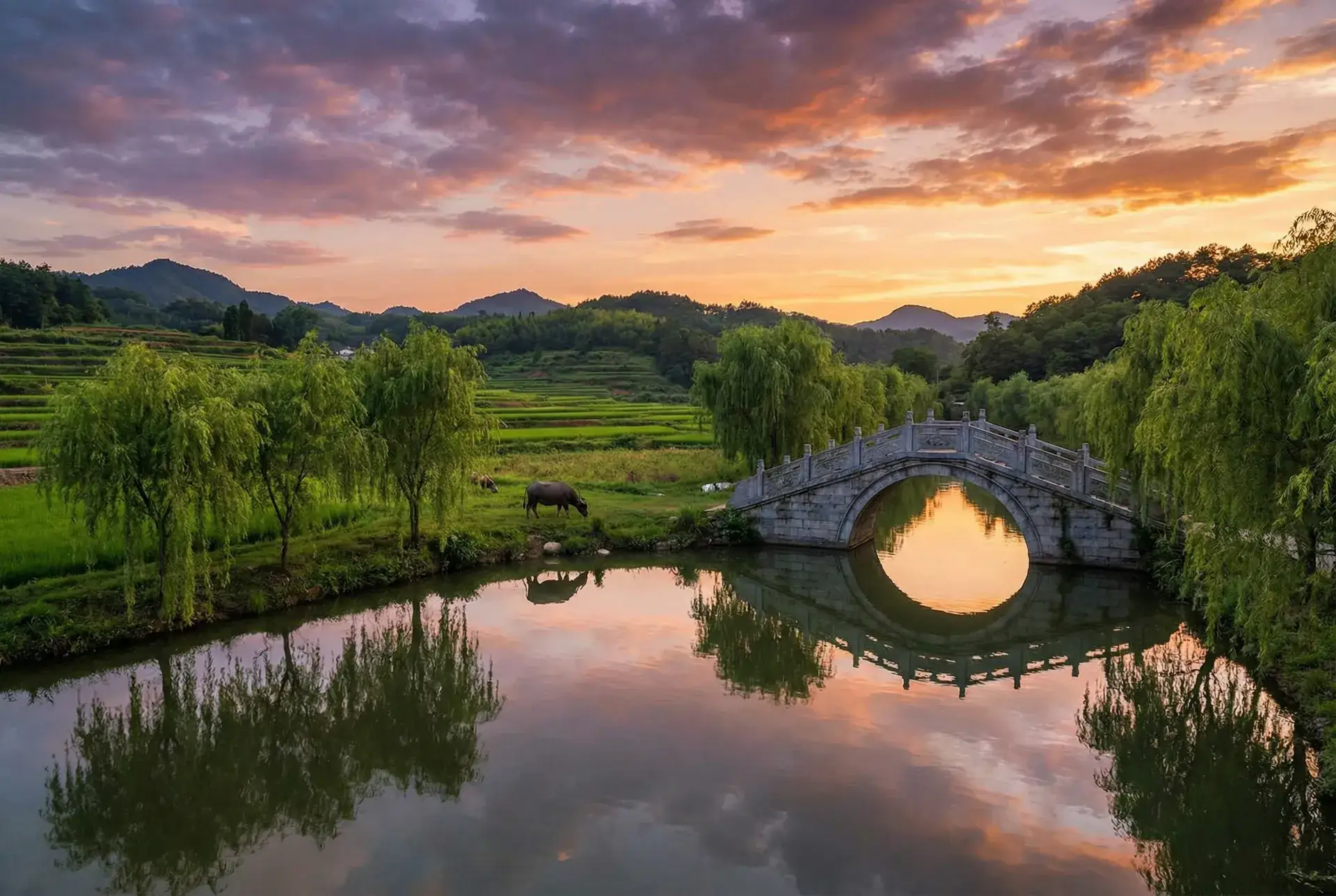 夕阳下的石拱桥与垂柳，水牛在河边吃草 - 笕桥英烈传 乡村美景